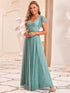 Elegant Lace Evening Dress with Double V Neck and Ruffle Sleeves