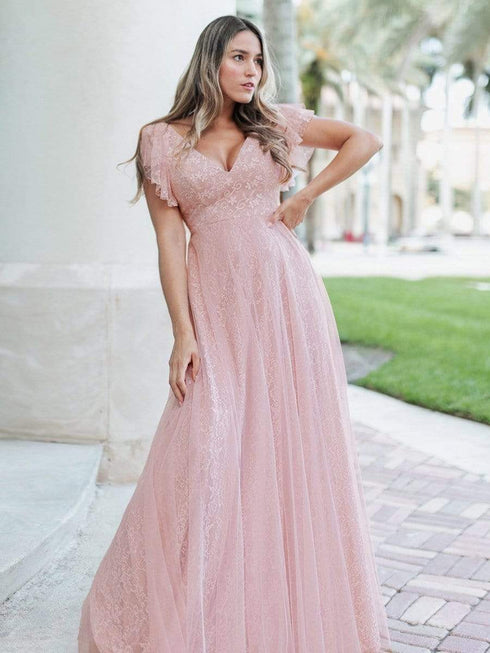 Elegant Lace Evening Dress with Double V Neck and Ruffle Sleeves