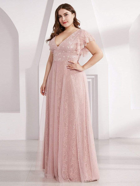 Elegant Lace Evening Dress with Double V Neck and Ruffle Sleeves