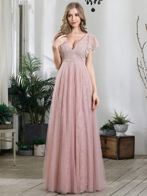Elegant Lace Evening Dress with Double V Neck and Ruffle Sleeves