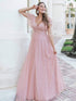 Elegant Lace Evening Dress with Double V Neck and Ruffle Sleeves