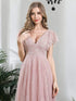 Elegant Lace Evening Dress with Double V Neck and Ruffle Sleeves