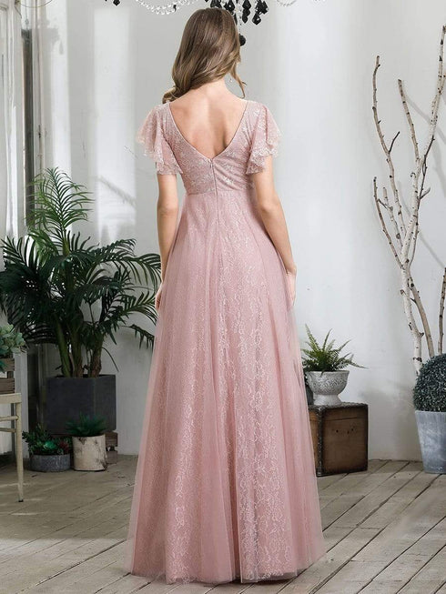Elegant Lace Evening Dress with Double V Neck and Ruffle Sleeves