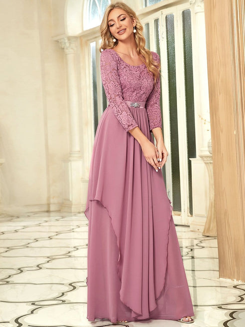 Elegant Long Sleeve Lace Mother Dress with Floral Details