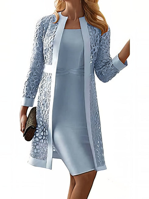 Elegant Midi Dress with Lace Hollow Crew Neck and Long Sleeves