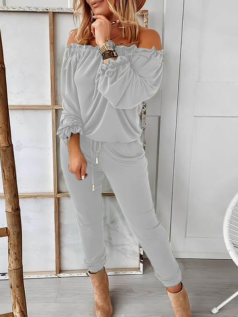 Elegant Off-shoulder Long Sleeve Jumpsuit with Drawstring Frill Hem