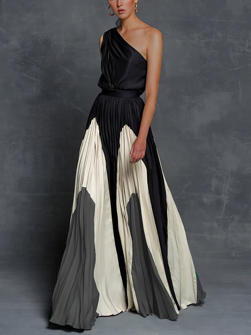 Elegant One Shoulder Colorblock A Line Prom Dress