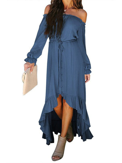 Elegant One-Shoulder Slimming Long Dress with Pleated Skirt