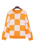 Elegant Orange Plaid Bishop Sleeve Sweater