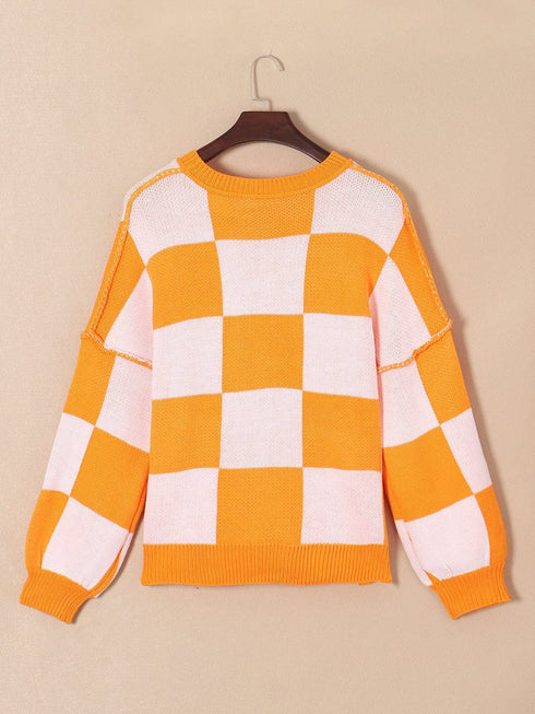 Elegant Orange Plaid Bishop Sleeve Sweater