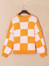 Elegant Orange Plaid Bishop Sleeve Sweater