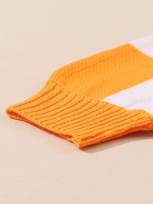 Elegant Orange Plaid Bishop Sleeve Sweater