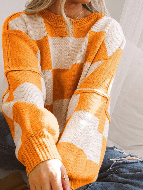 Elegant Orange Plaid Bishop Sleeve Sweater