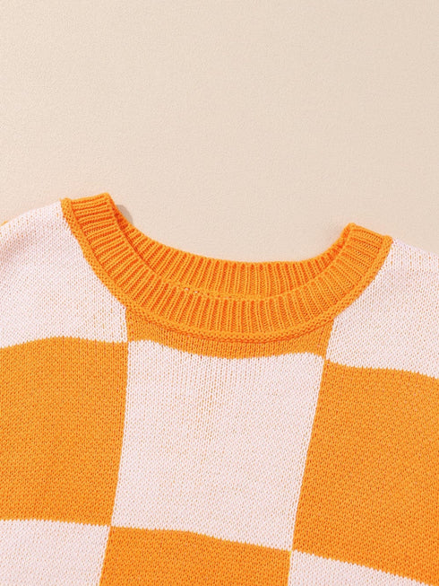 Elegant Orange Plaid Bishop Sleeve Sweater