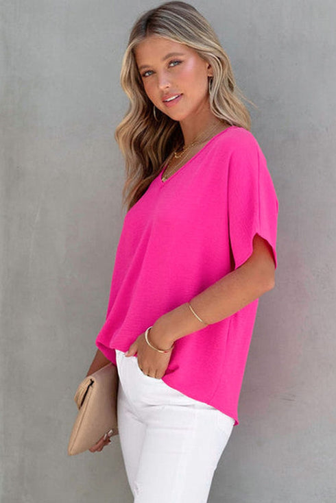 Elegant Pink Polyester V-Neck Summer Blouse