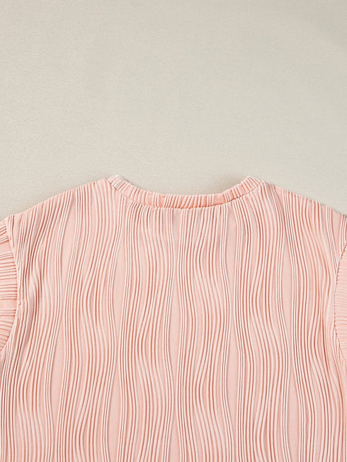 Elegant Pink Wavy Textured Short Sleeve Blouse