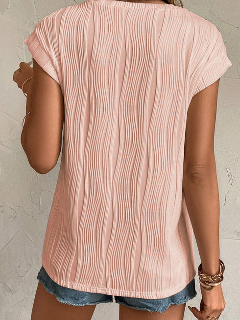 Elegant Pink Wavy Textured Short Sleeve Blouse