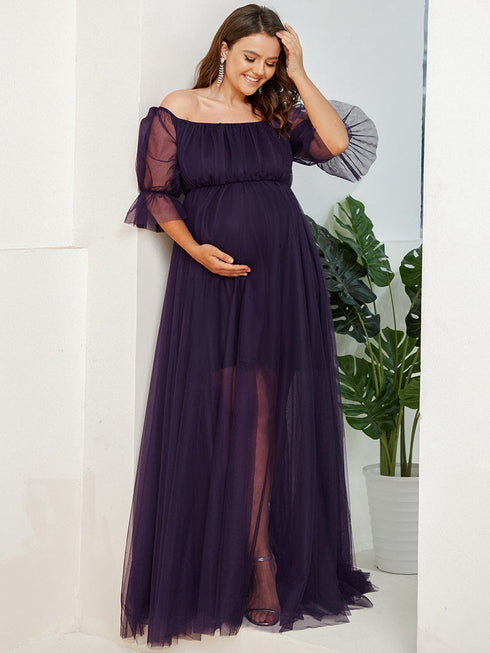 Elegant Plus Size A-line Maternity Dress with Short Puff Sleeves
