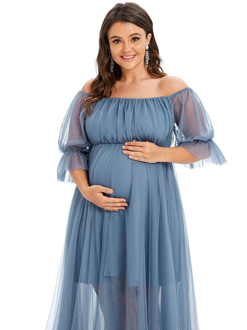 Elegant Plus Size A-line Maternity Dress with Short Puff Sleeves