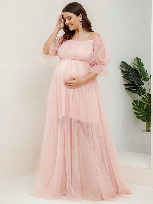 Elegant Plus Size A-line Maternity Dress with Short Puff Sleeves