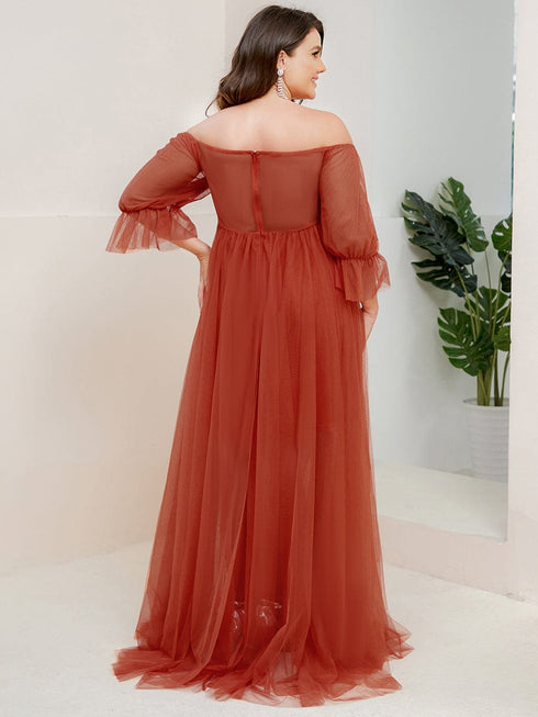 Elegant Plus Size A-line Maternity Dress with Short Puff Sleeves