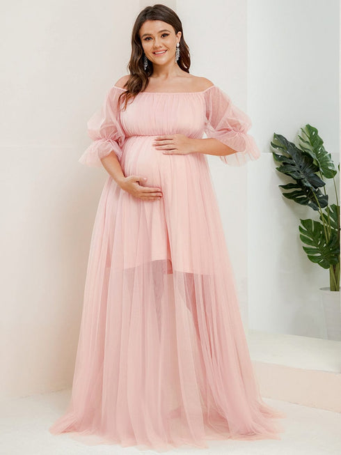 Elegant Plus Size A-line Maternity Dress with Short Puff Sleeves