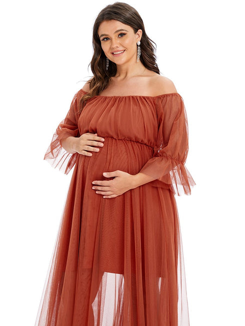 Elegant Plus Size A-line Maternity Dress with Short Puff Sleeves