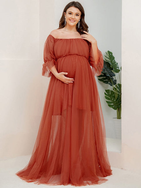Elegant Plus Size A-line Maternity Dress with Short Puff Sleeves
