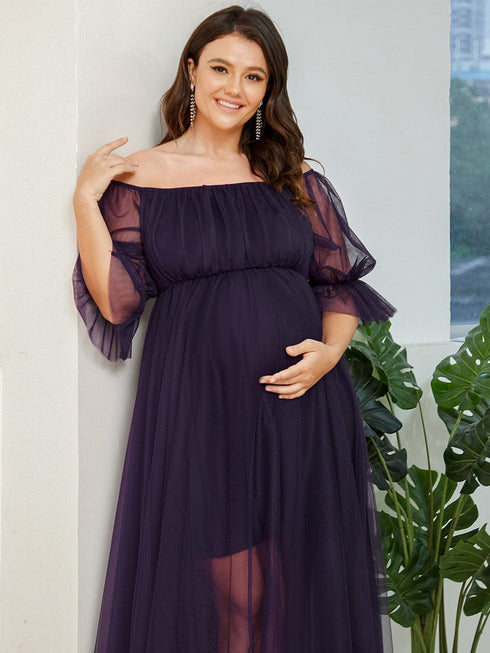 Elegant Plus Size A-line Maternity Dress with Short Puff Sleeves