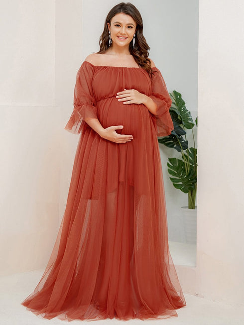 Elegant Plus Size A-line Maternity Dress with Short Puff Sleeves
