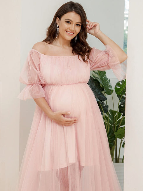 Elegant Plus Size A-line Maternity Dress with Short Puff Sleeves