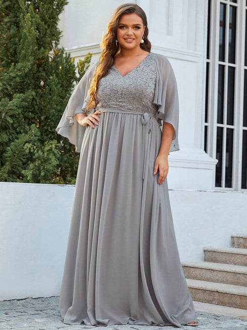 Elegant Plus Size Deep V Neck Lace Evening Gown