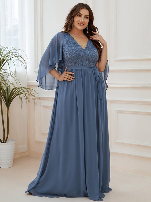 Elegant Plus Size Deep V Neck Lace Evening Gown