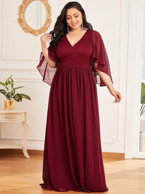 Elegant Plus Size Deep V Neck Lace Evening Gown