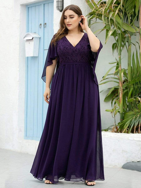 Elegant Plus Size Deep V Neck Lace Evening Gown