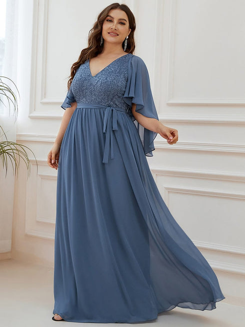 Elegant Plus Size Deep V Neck Lace Evening Gown