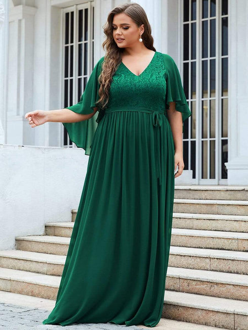 Elegant Plus Size Deep V Neck Lace Evening Gown
