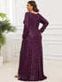 Elegant Plus Size Sequin V-Neck Long Sleeve Evening Gown with High Slit