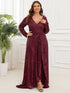 Elegant Plus Size Sequin V-Neck Long Sleeve Evening Gown with High Slit