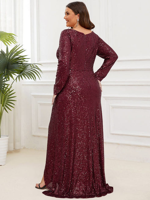 Elegant Plus Size Sequin V-Neck Long Sleeve Evening Gown with High Slit
