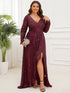 Elegant Plus Size Sequin V-Neck Long Sleeve Evening Gown with High Slit