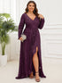 Elegant Plus Size Sequin V-Neck Long Sleeve Evening Gown with High Slit