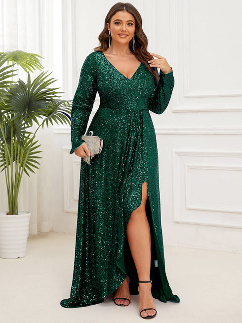 Elegant Plus Size Sequin V-Neck Long Sleeve Evening Gown with High Slit