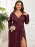 Elegant Plus Size Sequin V-Neck Long Sleeve Evening Gown with High Slit