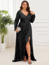 Elegant Plus Size Sequin V-Neck Long Sleeve Evening Gown with High Slit