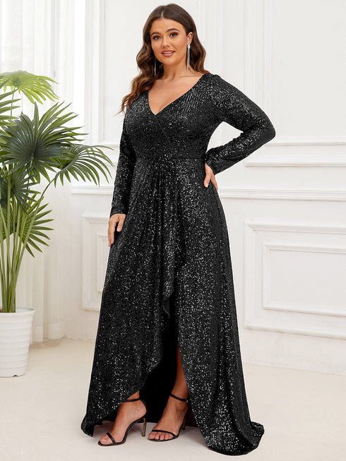 Elegant Plus Size Sequin V-Neck Long Sleeve Evening Gown with High Slit