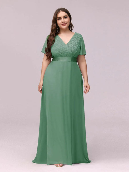 Elegant Plus Size V-Back Bridesmaid Dress with Short Sleeves