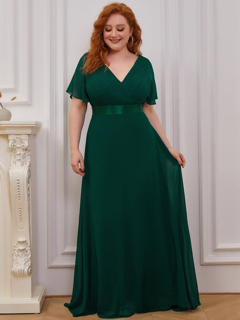 Elegant Plus Size V-Back Bridesmaid Dress with Short Sleeves