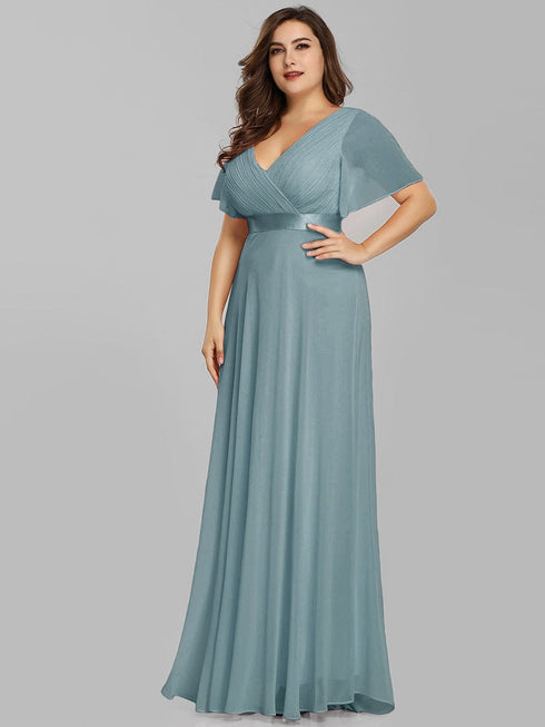 Elegant Plus Size V-Back Bridesmaid Dress with Short Sleeves