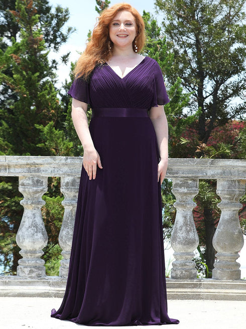 Elegant Plus Size V-Back Bridesmaid Dress with Short Sleeves